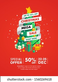 christmas sale banner with christmas tree and present vector illustration. flyer and banner for christmas sale with red background - vector illustration