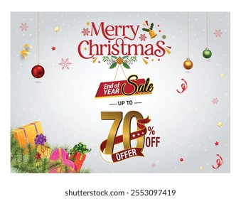 Christmas sale banner upto 15%, 30% 50% and 70% Sale. Realistic fir-tree branches with berries and balls. Vector illustration for winter holiday discounts.