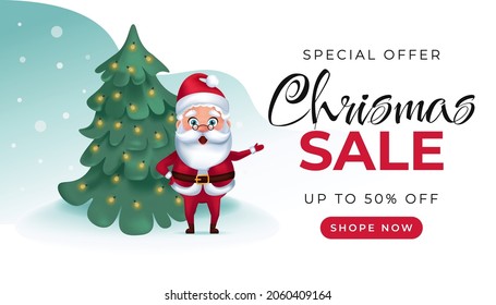Christmas sale banner. Vector illustration of Santa Claus under Christmas tree. Cartoon realistic style