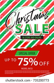 Christmas sale banner. Vector illustration watercolor red green stripes background. 