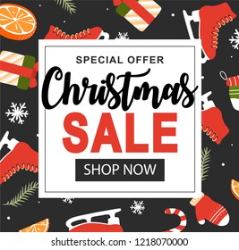 Christmas Sale banner. Vector pattern with christmas. Christmas flat lay design with gift boxes. Wrapping paper or fabric. Christmas and new year element, poster for your design. 