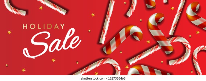 Christmas Sale banner, vector template with Christmas candy cane for holiday shopping.