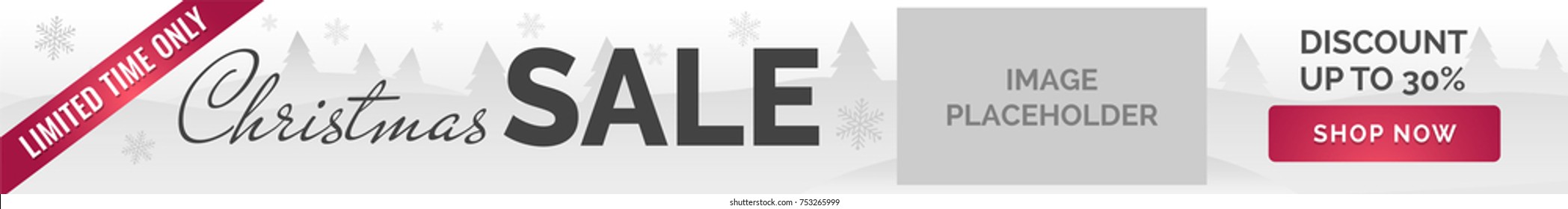 Christmas sale banner. White background, snowflakes, trees, image placeholder