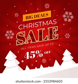 Christmas Sale Banner with White Snow Christmas Tree. Vector. Big Deals. Shop Now. All Items Save Up To 45% Off. 