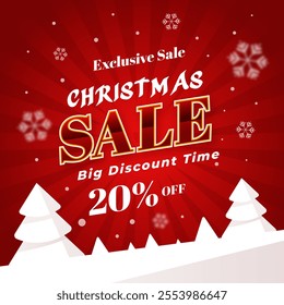 Christmas Sale Banner with White Snow Christmas Tree. Shop Now. Exclusive Sale. Big Discount Time. 20% off.