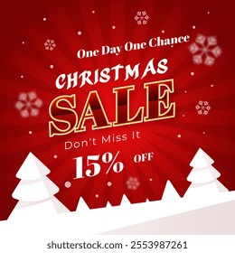 Christmas Sale Banner with White Snow Christmas Tree. Vector. One Day One Chance. Shop Now. Don't 
Miss It. 15% off.