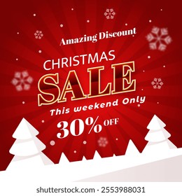 Christmas Sale Banner with White Snow Christmas Tree. Up to 30% off. Vector. Amazing Discount. Shop Now. This Weekend Only. 30% Off.