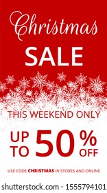 Christmas sale banner with white snowflake border on red background