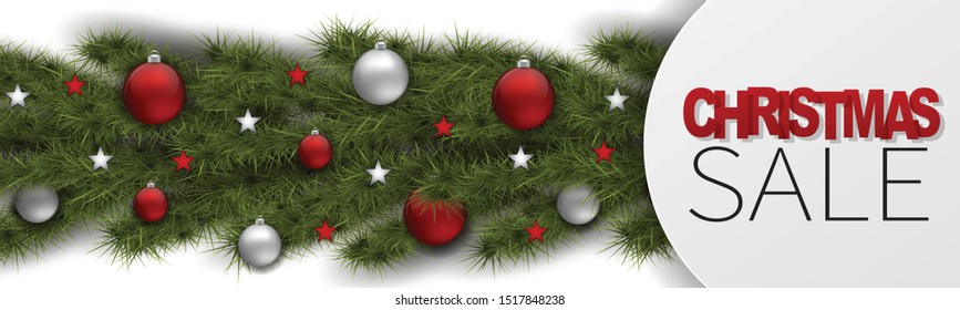 Christmas sale banner. Winter season design concept background with green fir tree branches and decoration. Realistic vector illustration.