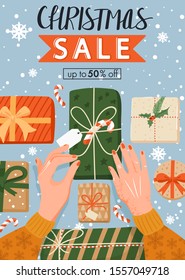 Christmas sale banner. Woman's hands wrapping Christmas presents. Preparing for New Year. Vector illustration for website, poster, coupons, invitation card.