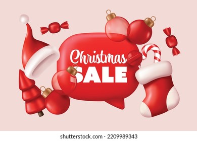 Christmas Sale banner with xmas decoration. Vector illustration in cartoon realistic 3D style