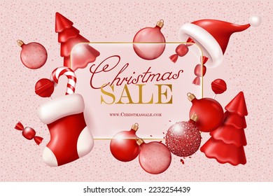 Christmas Sale banner with Xmas decorations - pine tree, glass balls, stocking, candy. Vector illustration in a realistic 3D style