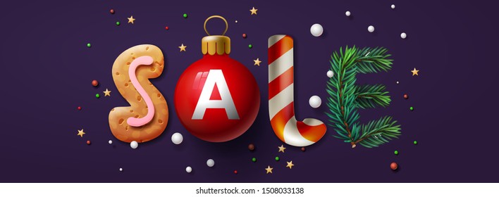 Christmas Sale banner. Xmas festive decoration. Horizontal christmas posters, cards, headers, website, vector illustration