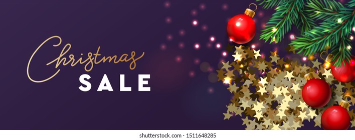 Christmas Sale banner, Xmas festive decoration. Horizontal Christmas poster, card, header, website. Golden star confetti, sparkling lights garland with green pine branches. Vector illustration