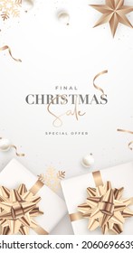 Christmas Sale Banner. Xmas Flat Lay Composition. Christmas Decoration Realistic Baubles, Golden Star And Serpantine, White Gift Boxes With Gold Bows. Design Poster Shoping Store, Shop Discount Banner