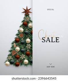 Christmas Sale banner. Xmas tree with decorative elements in Rustic style. Advertising Poster for Social Media, Post, invitation.