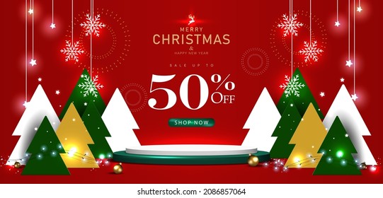 Christmas sale banner.Product display concept. Red background decor with 3d podium, trees papercut style, ornaments Xmas. Pedestal stands for show, winners. Studio scene platform. Vector illustration.