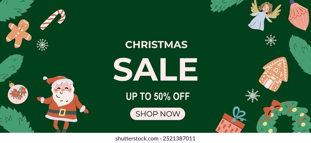Christmas sale banners with festive elements and xmas characters. Flat illustration for december holidays, celebration design.