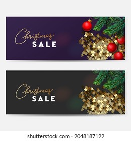 Christmas Sale banners. Horizontal Christmas poster, card, header, website. Golden star confetti, sparkling lights garland with green pine branches. Vector illustration