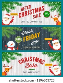 Christmas sale banners set. Santa Claus, snowman and reindeer. Vector illustration
