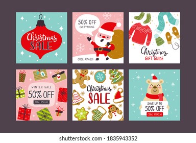 Christmas sale banners for social media posts. Cute colorful hand drawn EPS10 vector illustration.