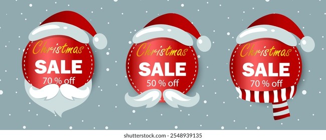 Christmas sale banners, tags with Santa hats.