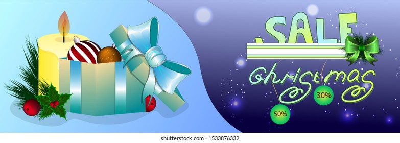 Christmas sale banners with various designs on a beautiful background with gifts. Colorful christmas elements and decorations.