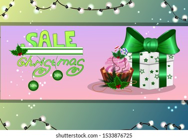 Christmas sale banners with various designs on a beautiful background with gifts. Colorful christmas elements and decorations.