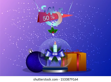 Christmas sale banners with various designs on a beautiful background with gifts. Colorful christmas elements and decorations.