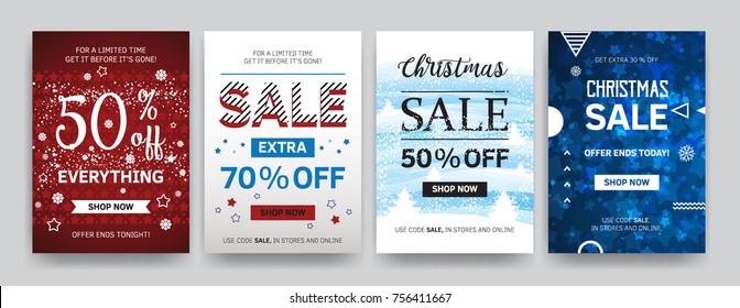 Christmas sale banners. Vector illustrations of online shopping website and mobile website banners, posters, newsletter designs, ads, coupons, social media banners. Winter discount.