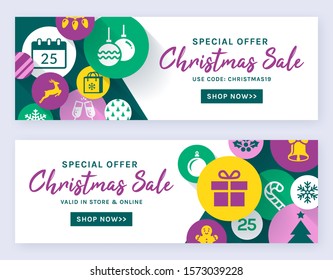 Christmas sale banners. Vector web templates. Horizontal labels set for holidays discounts and online shopping offers.