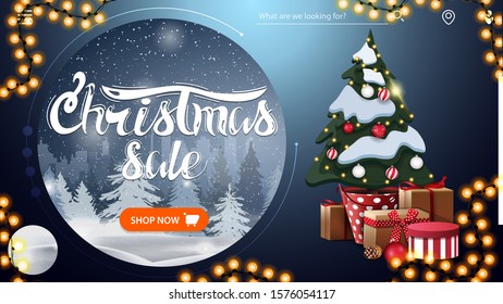 Christmas sale, beautiful blue modern discount banner with winter landscape, button, garland and Christmas tree in a pot with gifts