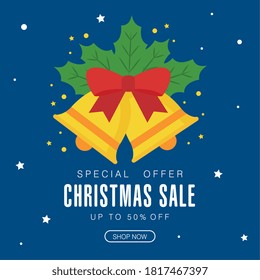 christmas sale with bells and leaves design, offer shop now and ecommerce theme Vector illustration