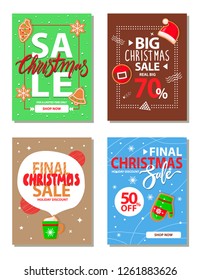 Christmas sale big discount cookies symbols set vector. Santa Claus hat, mitten and cup with beverage cookies shaped gingerbread snacks holiday sweets