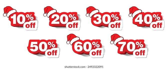 Christmas sale, black friday discounts. Percent off stickers set. Discounts numbers from 10% to 70%. Vector on transparent background