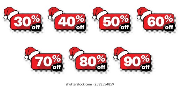 Christmas sale, black friday discounts. Percent off stickers set. Discounts numbers from 30% to 90%. Vector on transparent background