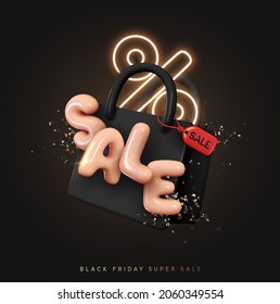 Christmas sale. Black Friday.  New Year discounts. Realistic 3d objects design, Pink big percentage sign. Dark Shopping bag. Fashion Stylish trendy background. Valentine's Day. Vector illustration