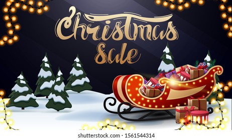 Christmas sale, blue discount banner with gold lettering, garland, winter forest and Santa Sleigh with presents. 