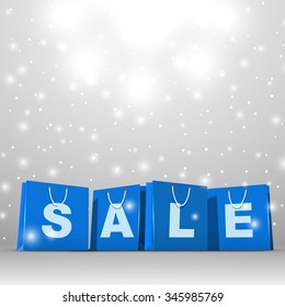 Christmas sale blue paper shopping bags vector template.