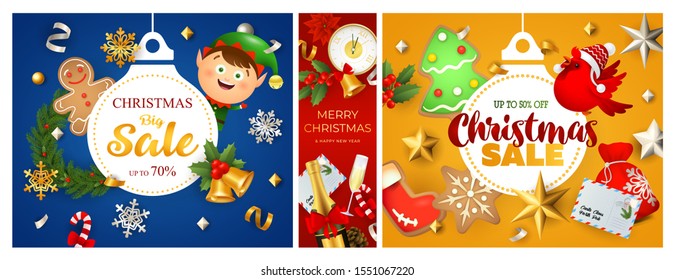 Christmas sale blue, red, orange banner set with elf. New Year, Christmas, winter. Calligraphy with decorative design can be used for invitations, post cards, announcements