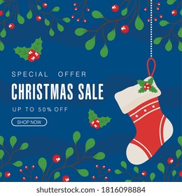 christmas sale with boot and leaves design, offer shop now and ecommerce theme Vector illustration