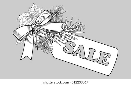 Christmas sale. Botanical hand drawn background. Christmas gifts, cones, poinsetiya, holly. holiday decor