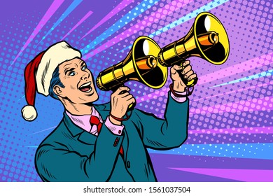 Christmas sale. Businessman advertises with megaphone. Pop art retro vector illustration kitsch vintage 50s 60s