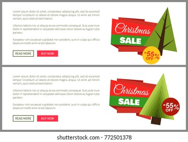 Christmas sale buy now posters vector illustration of two promotion cards with text sample, New Year trees with cute toys, push-buttons