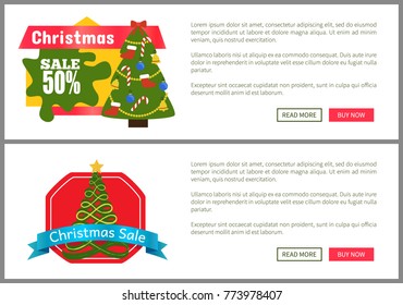 Christmas sale buy now posters vector illustration of two promotion cards with text sample, New Year trees with cute toys, push-buttons, blue ribbons