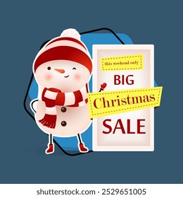 Christmas Sale calligraphic banner design with snowman. Lettering with cartoon snowman in hat and scarf on abstract background. Can be used for sales, discounts, shops