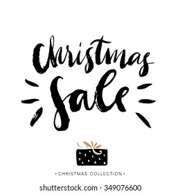 Christmas sale. Calligraphic card. Handwritten modern brush lettering. Hand drawn design elements.