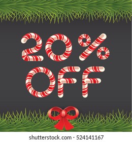 Christmas sale. Candy cane letters on dark winter background with fir tree. Vector illustration. 20% off