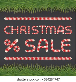 Christmas sale. Candy cane letters on dark winter background with fir tree. Vector illustration.