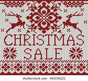 Christmas Sale card. Red and white scandinavian style knitted seamless pattern with deer and snow flakes. Sweater with deers.